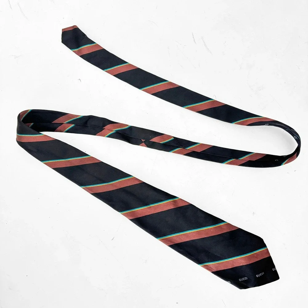 VTG 70s Gucci Mens Silk Necktie Logo Navy Blue Gold Repp Striped Made in Italy